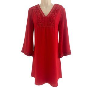 Max Studio Red Crocheted V-Neck Wide Sleeve Dress Size S Christmas Holiday Party